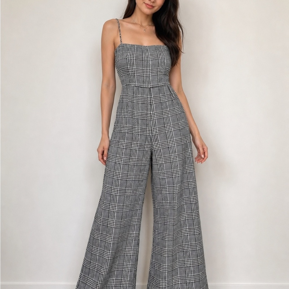 Forever 21 Black and White Plaid Wide-Leg Jumpsuit